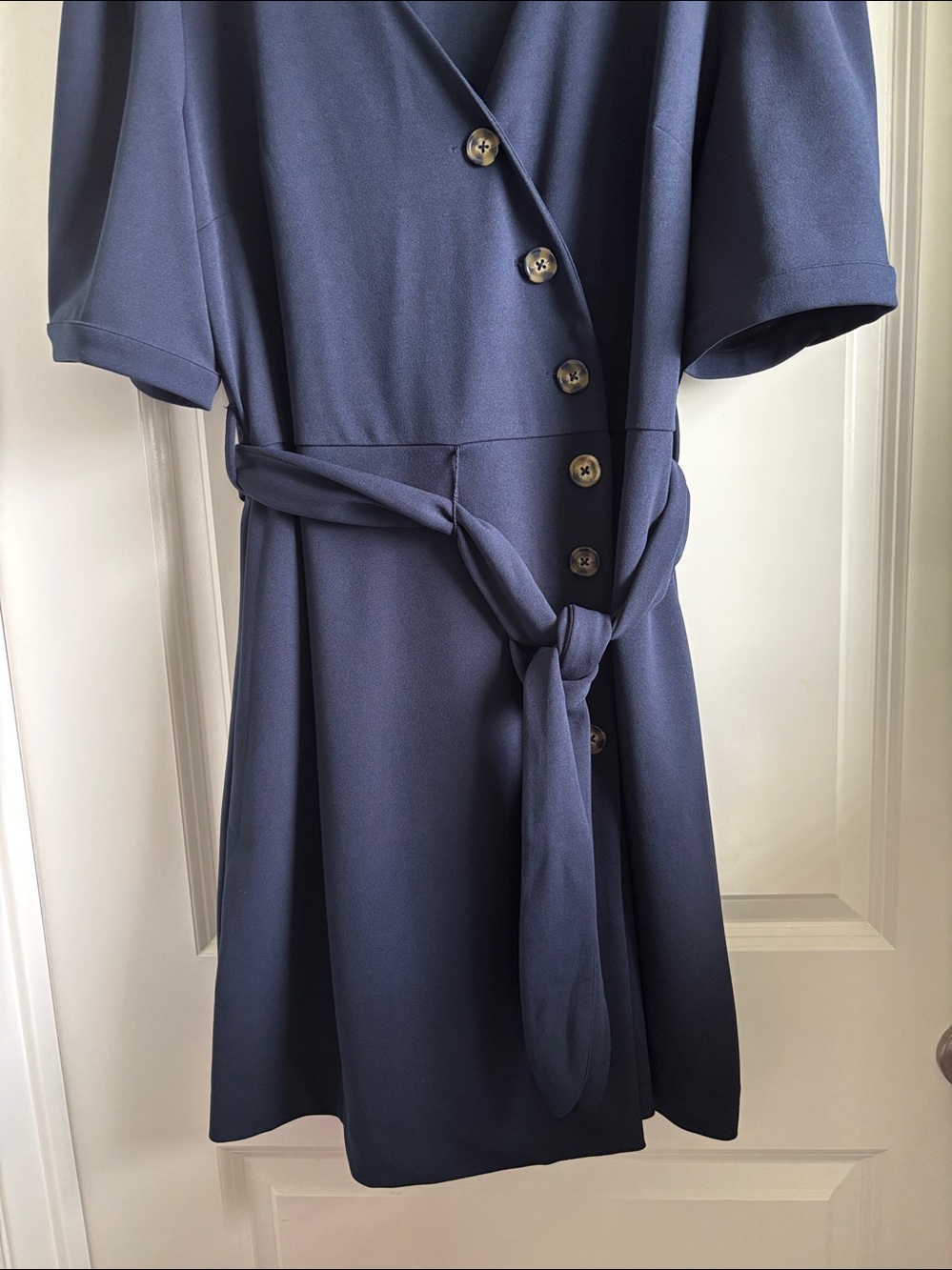 Classic Navy Button-Front Midi Dress with Self-Tie Waist - Picture 3 of 4